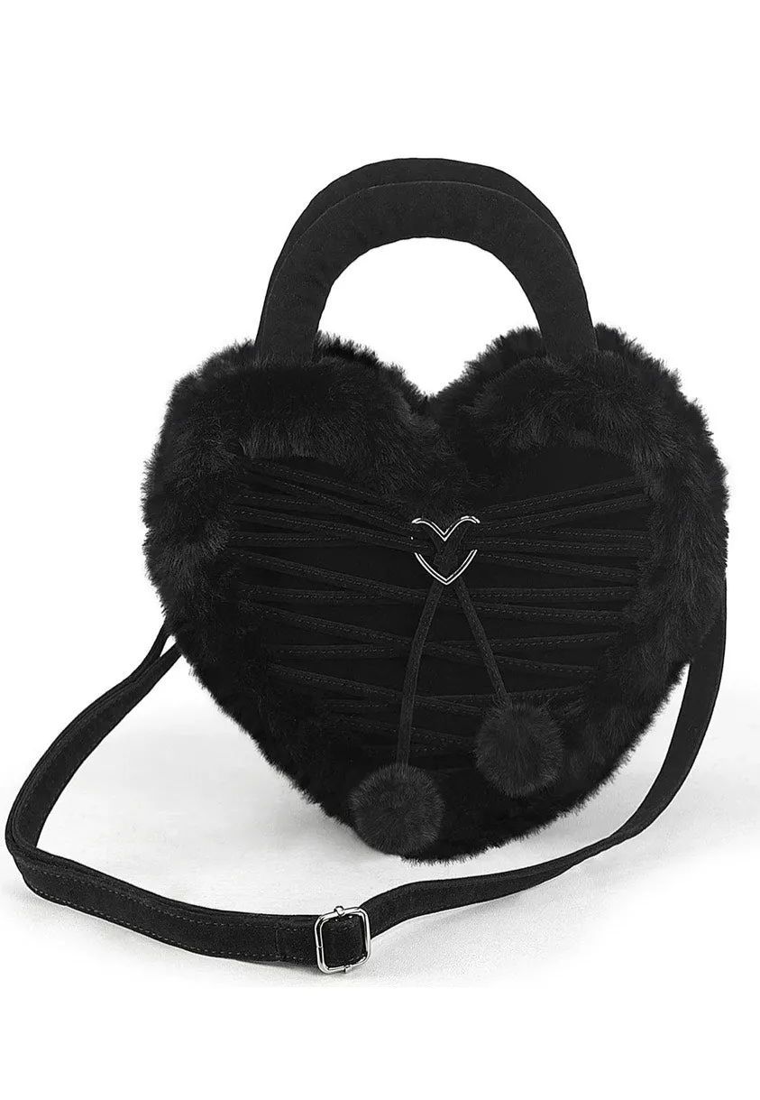 DemoniaCult - Faux Suede And Fur Heart Shaped Black - Bag