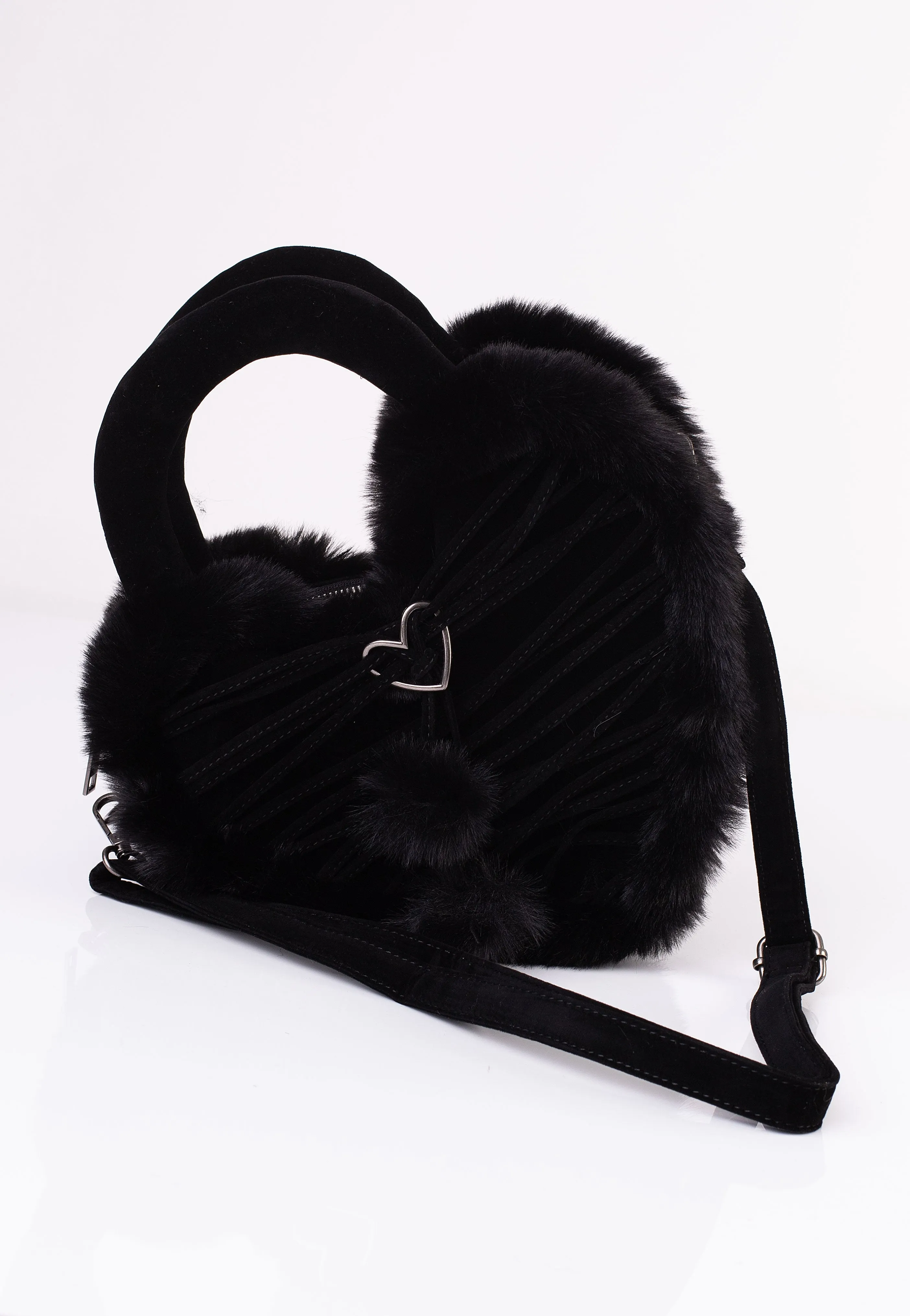 DemoniaCult - Faux Suede And Fur Heart Shaped Black - Bag