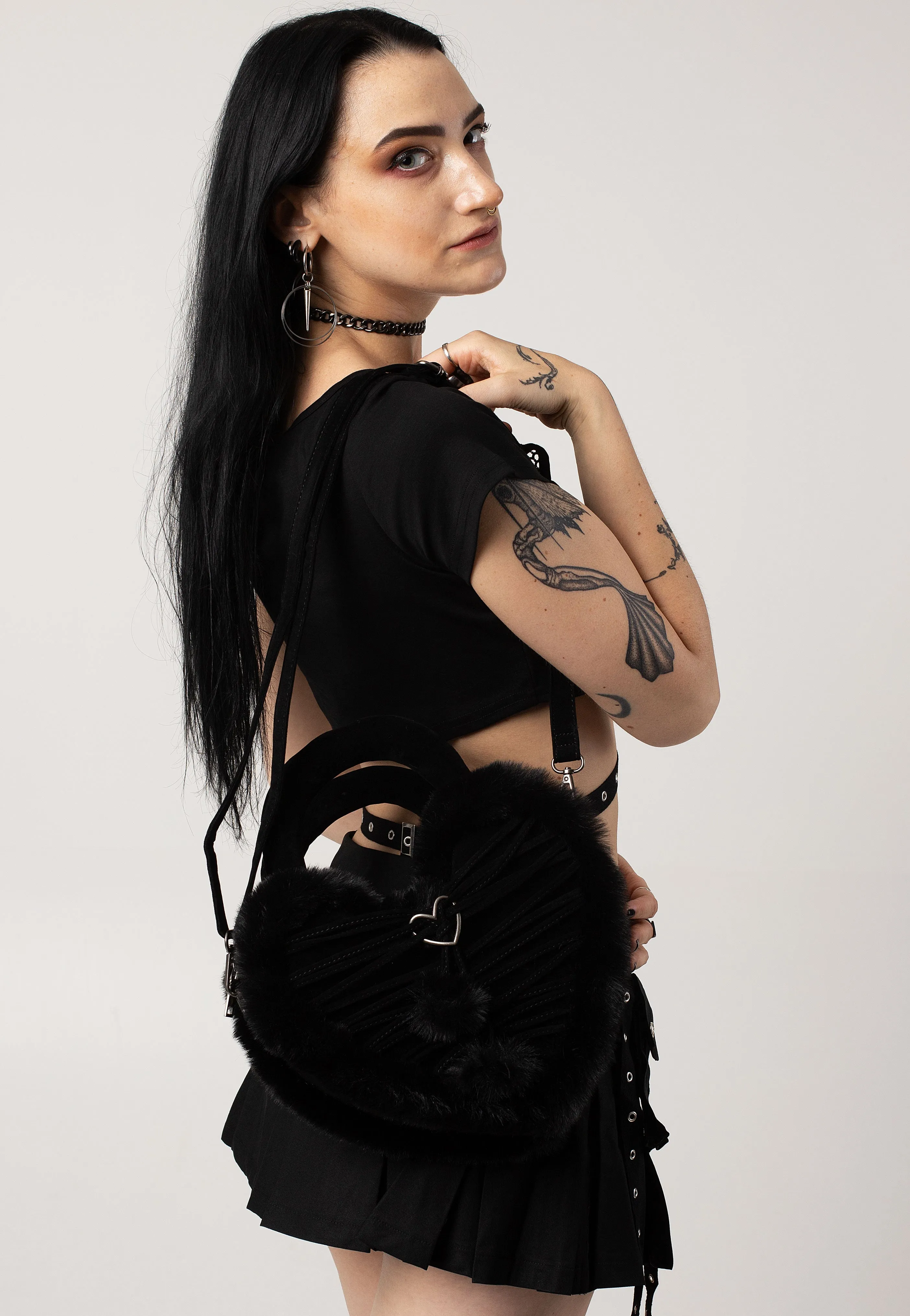 DemoniaCult - Faux Suede And Fur Heart Shaped Black - Bag