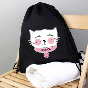 Personalised Cute Cat Black Swim & Kit Bag (MRK-iD)