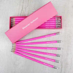 Personalised Name Only Box and 12 Pink HB Pencils (MRK-iD)